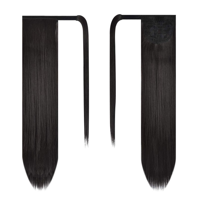 BARSDAR Darkest Brown Straight Wrap Ponytail Extension - 24 Inch Long Straight Wrap Around Ponytail for Black Women, Synthetic Clip in Ponytails Hair Extensions Brown Pony Tails Hairpieces - Image 2